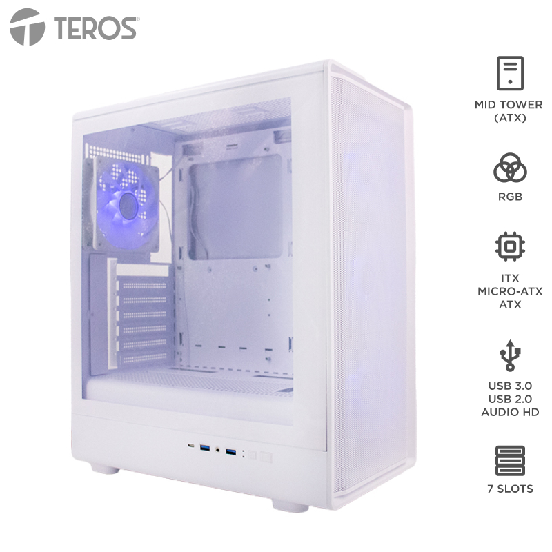 Case  TEROS TE-1329G, ITX, M-ATX, ATX, 3.5" y 2.5", Blanco